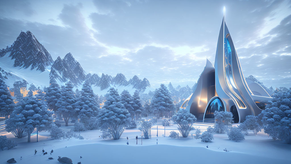 Futuristic building in snowy landscape with twilight sky