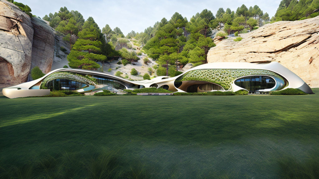 Organic-shaped futuristic building in forest setting