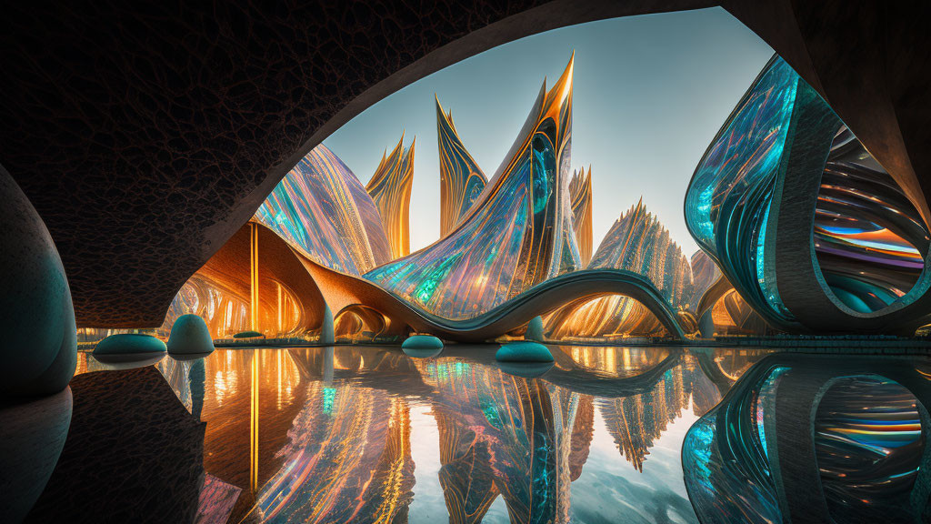 Sleek, Curved Futuristic Architecture Reflecting Warm Light by Water at Dusk