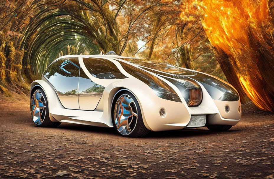 Futuristic white car with blue-accented wheels in nature setting