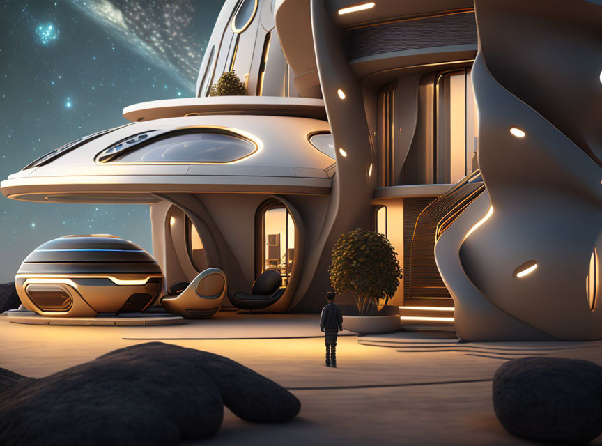 Futuristic building with sleek curves and person under starry sky