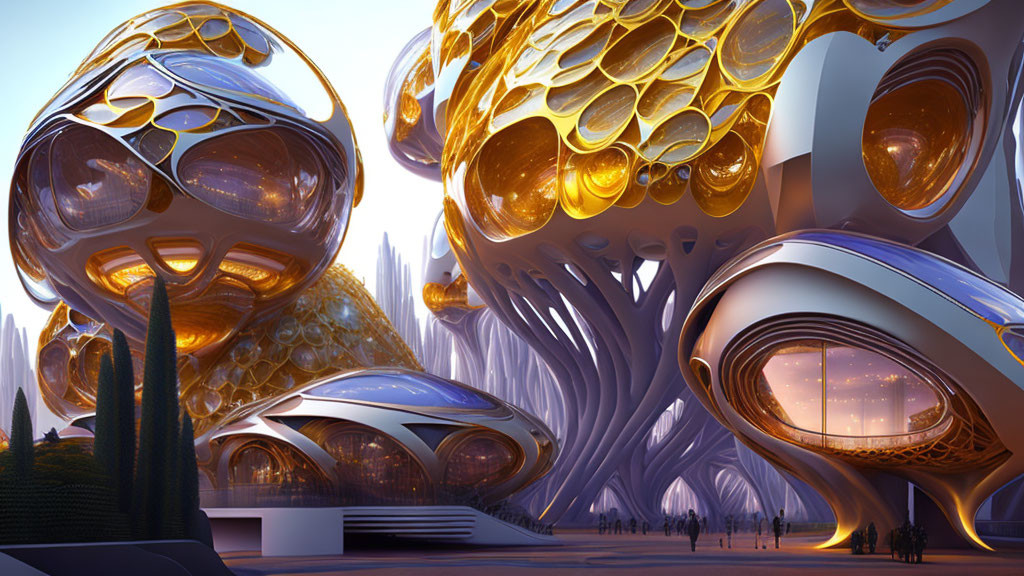 Futuristic cityscape with organic bubble-like buildings and glowing towers under a dusky sky