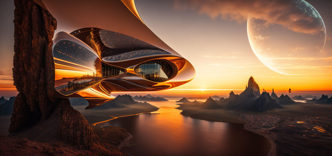 Futuristic building in mountainous landscape at sunset with alien sky