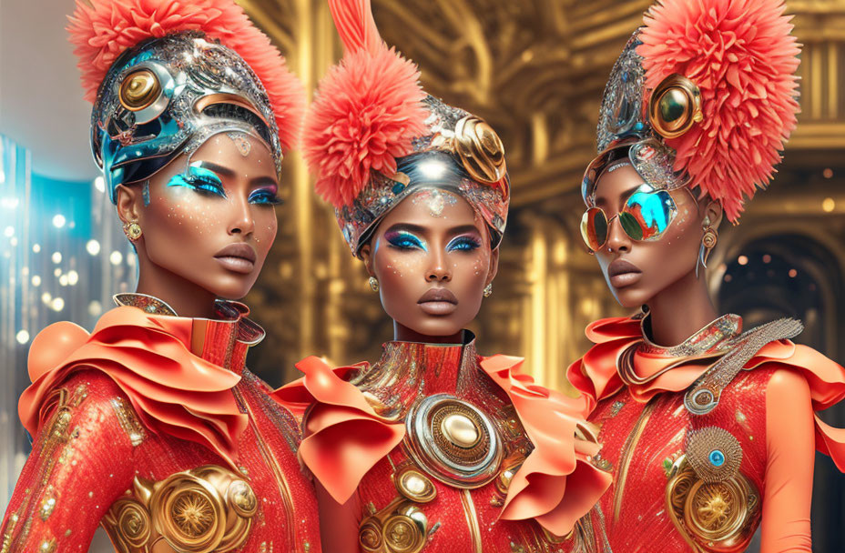 Three women in futuristic red and gold outfits with feathered headpieces on a luxurious golden backdrop