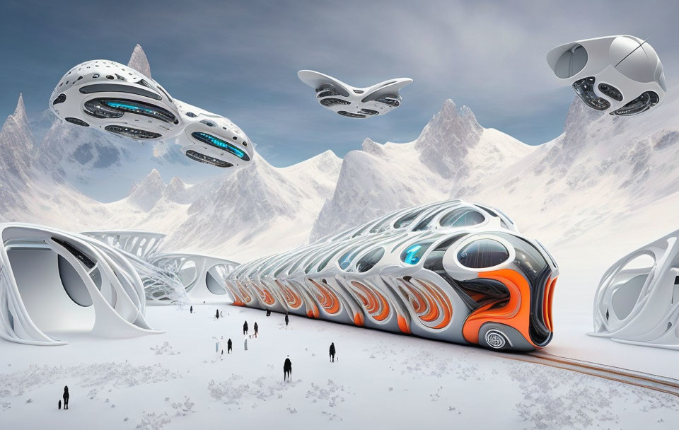 Futuristic transportation hub in snowy landscape with sleek train and flying vehicles