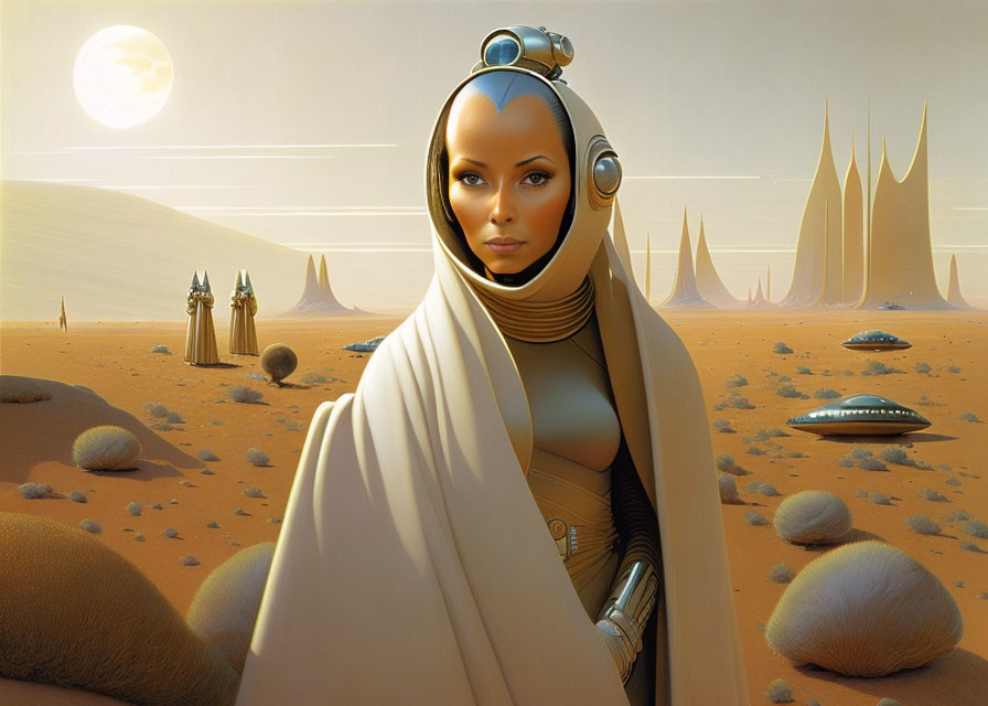 Futuristic bald woman with high-tech earpiece in desert landscape.