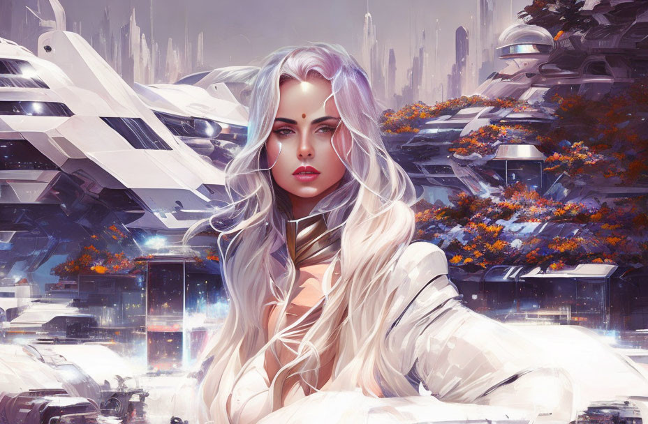 Futuristic portrait of woman with white hair and violet eyes in sci-fi cityscape