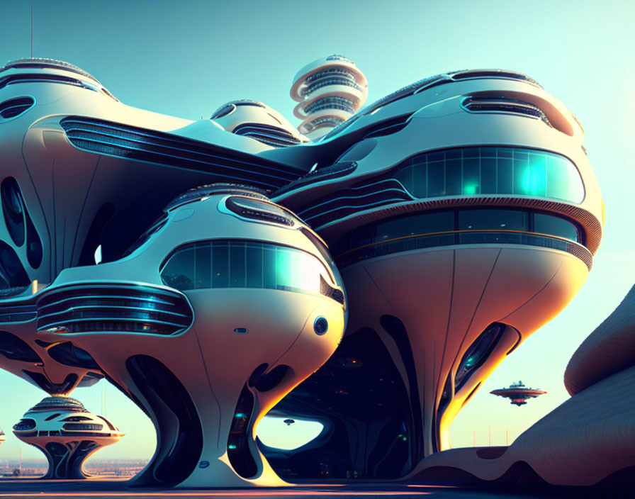 Futuristic cityscape with organic-shaped buildings and flying vehicles