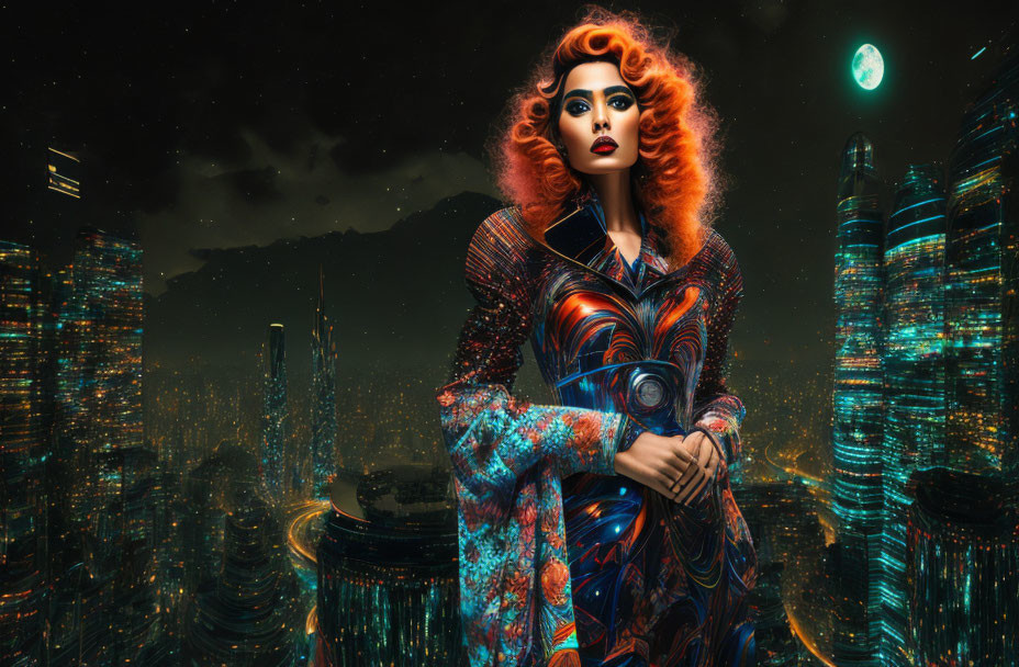 Vibrant red-haired woman in futuristic cityscape at night