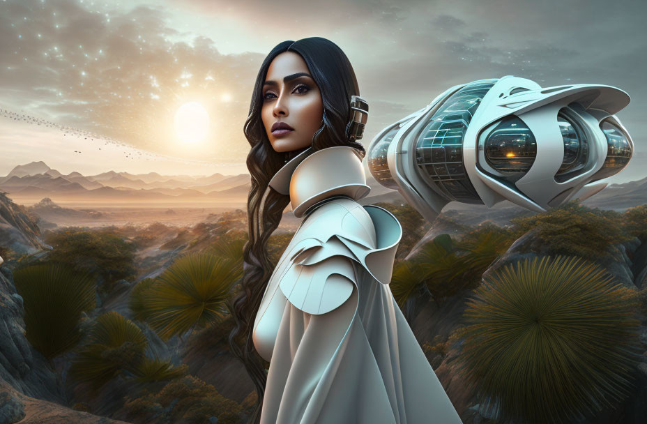 Dark-haired futuristic woman in desert at sunset with cityscape and flying vehicles