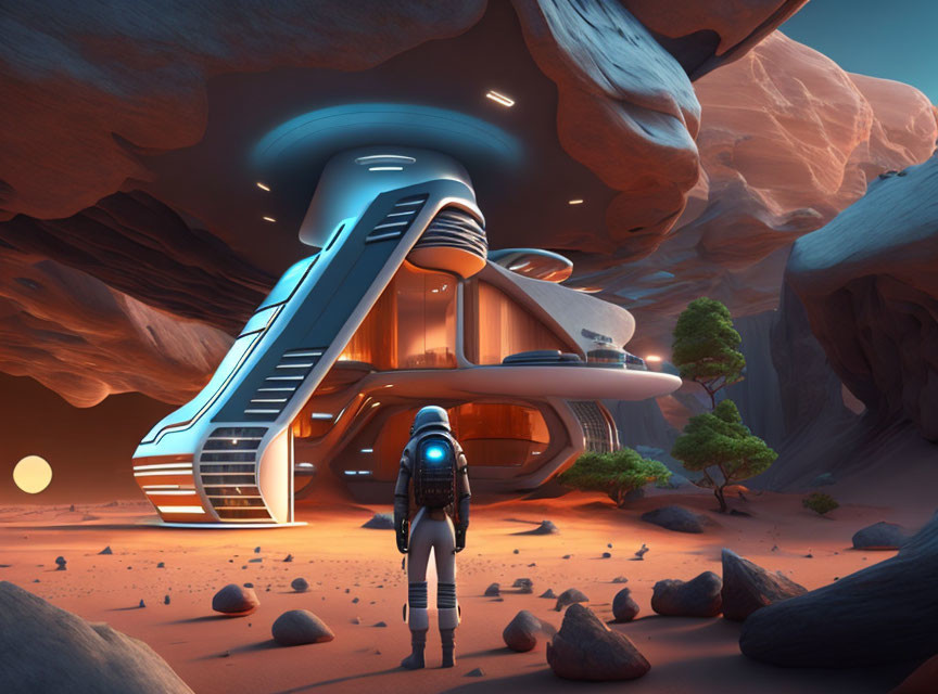 Futuristic building in rocky desert with astronaut under alien sky