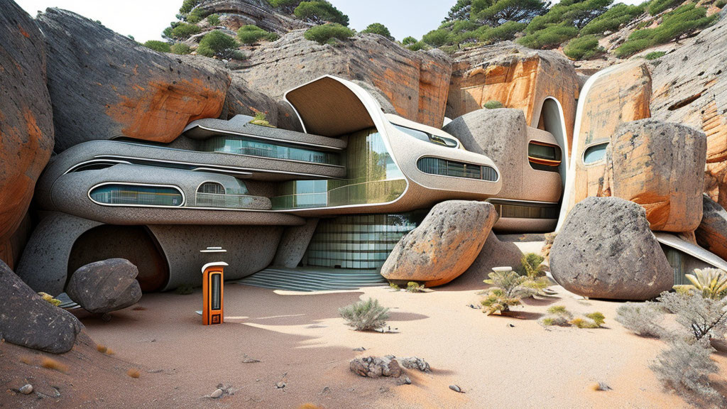 Futuristic organic-shaped house in desert cliffs