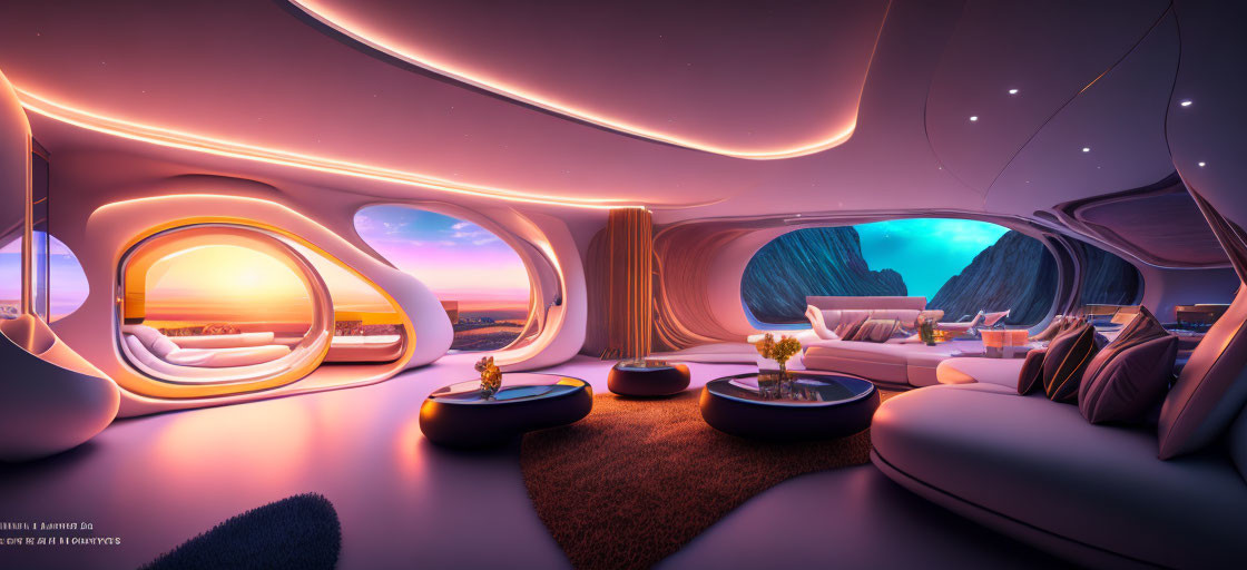 Modern Interior Design with Organic Shapes and Sunset Views