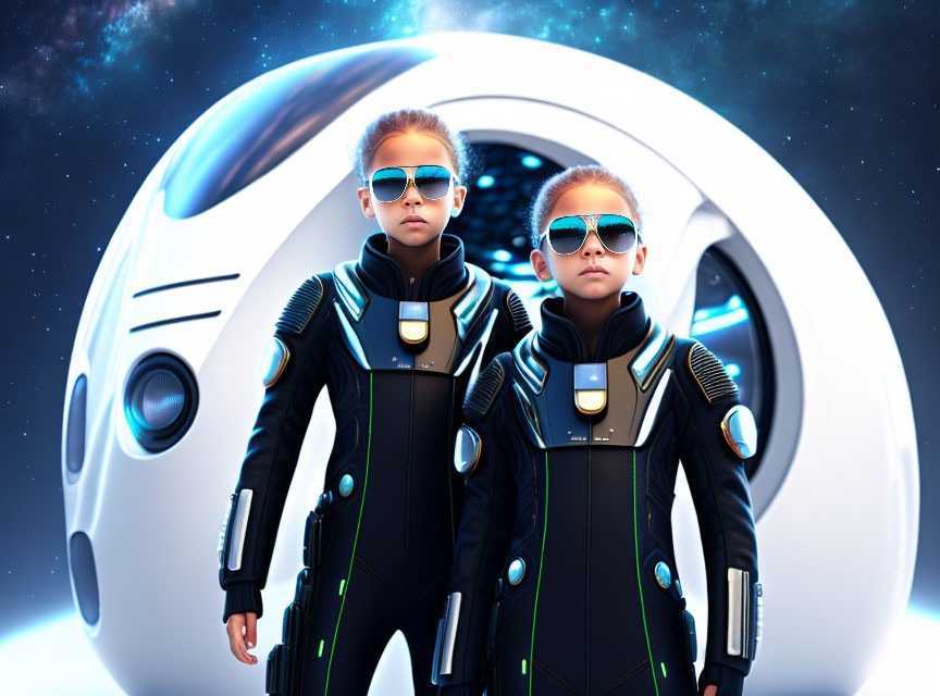 Children in futuristic space suits with spacecraft in star-filled cosmic backdrop.