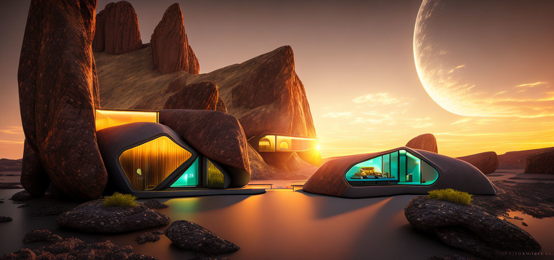 Futuristic illuminated habitat in desert rock formations at sunset