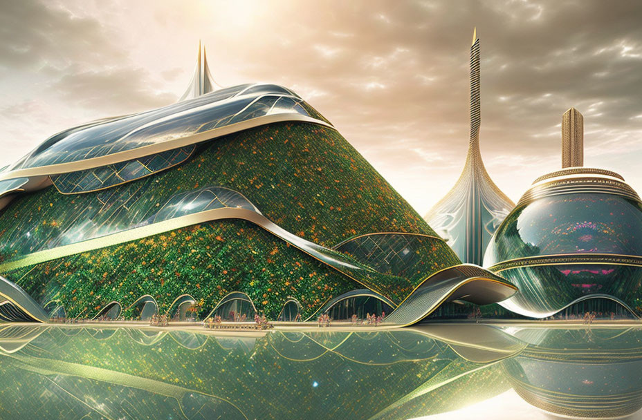 Organic-shaped futuristic architecture with green walls under dramatic sky