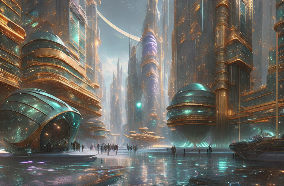 Futuristic cityscape with towering skyscrapers and advanced vehicles