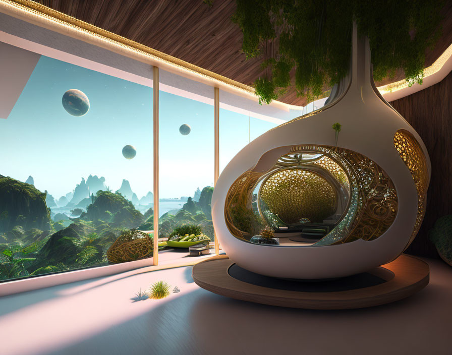 Futuristic interior with spherical hanging chair and alien landscape view.