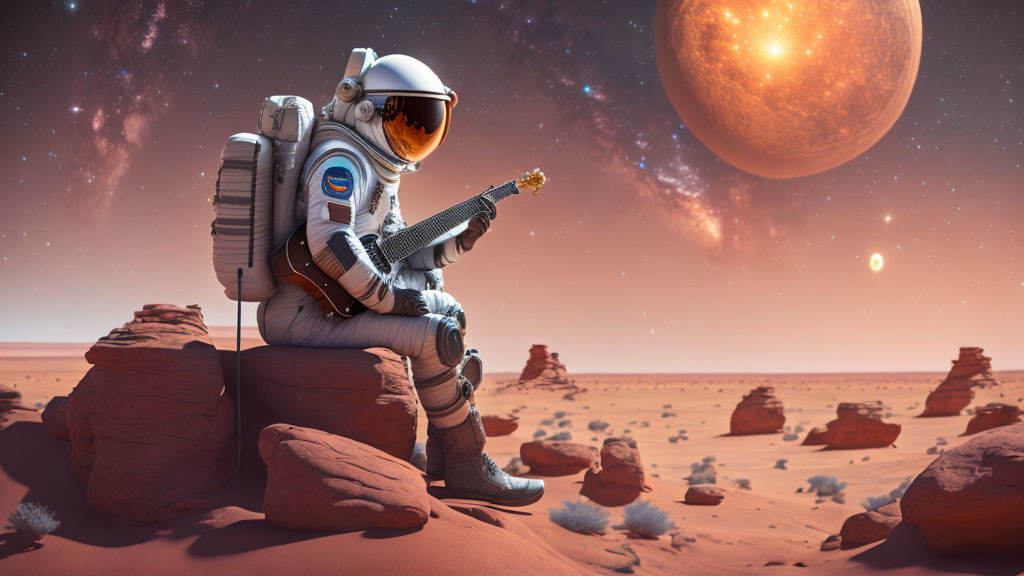 Astronaut in spacesuit plays electric guitar on alien planet with moon.