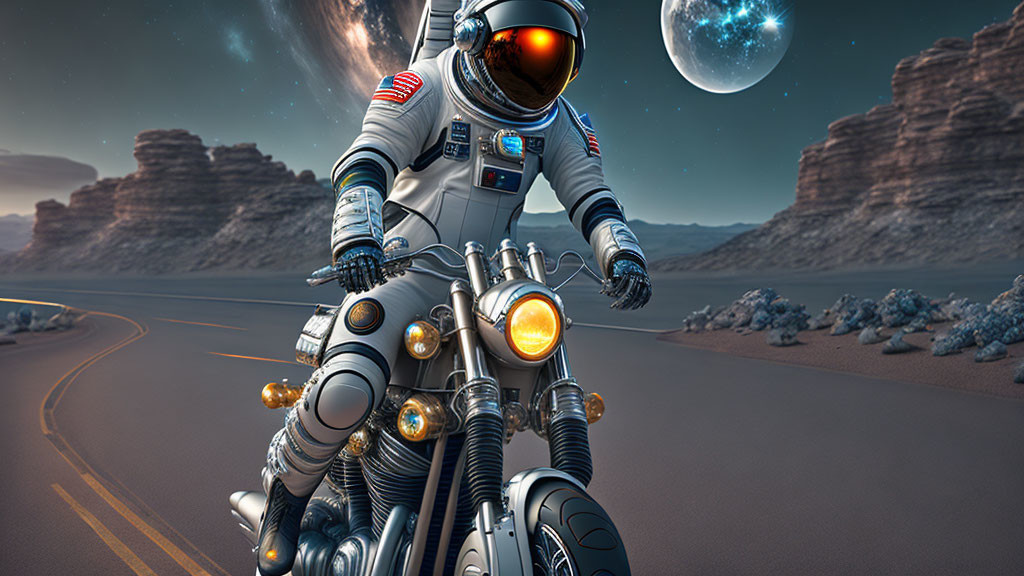 Astronaut on motorcycle in alien desert with Earth-like planet