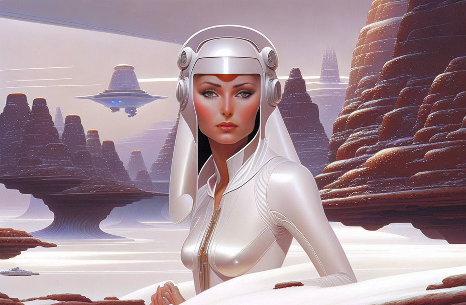 Futuristic female android in silver suit in desert landscape