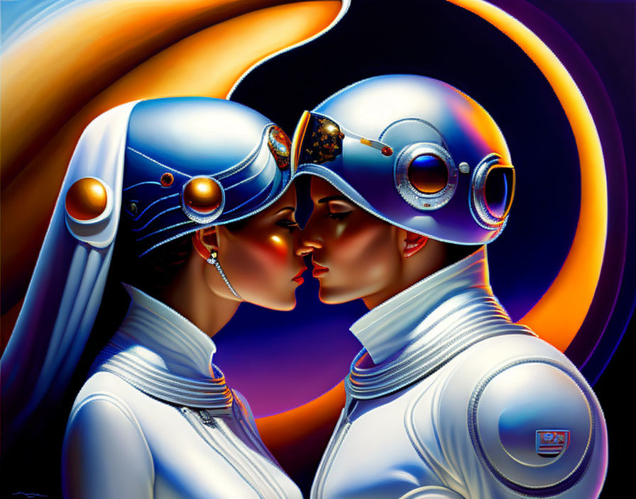 Futuristic characters in white suits with visors touching foreheads amid celestial bodies