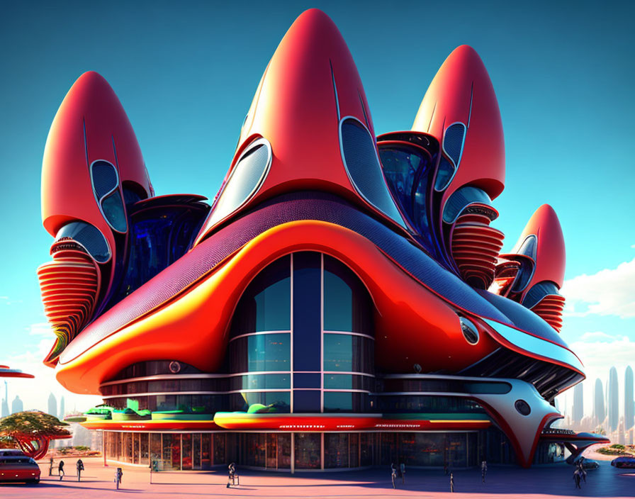 Futuristic building with red and blue design and rocket-like towers