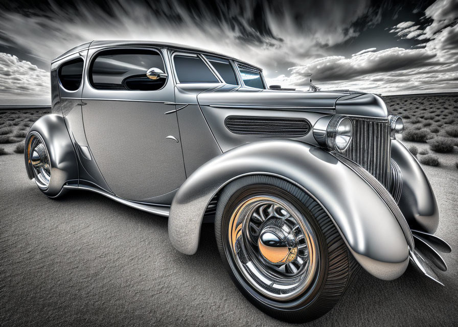 Monochrome Vintage Car with Chrome Details and Dramatic Clouds