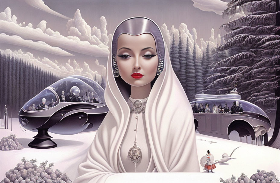 Surreal artwork: Stylized woman in white with futuristic landscape