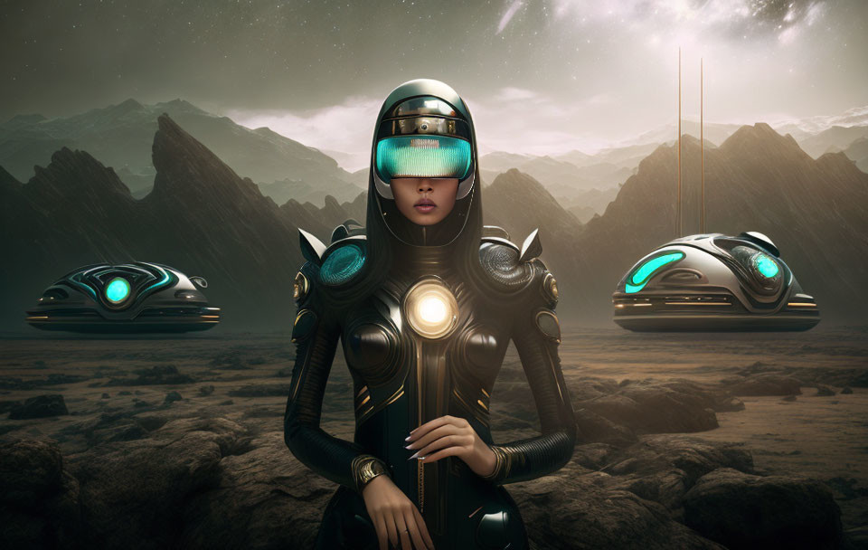 Futuristic female warrior in stylized armor on barren landscape with hover vehicles