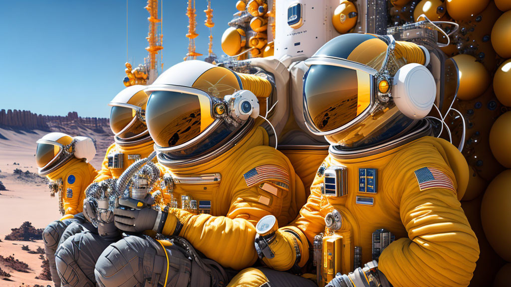 Yellow-suited astronauts on surreal Mars-like terrain with futuristic orange structures