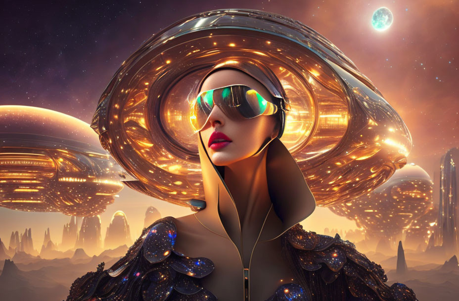 Futuristic woman with mirrored sunglasses and metallic headgear in sci-fi setting