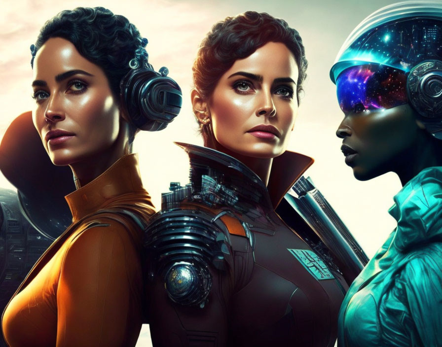 Three Stylized Women in Futuristic Armor with Intense Gaze