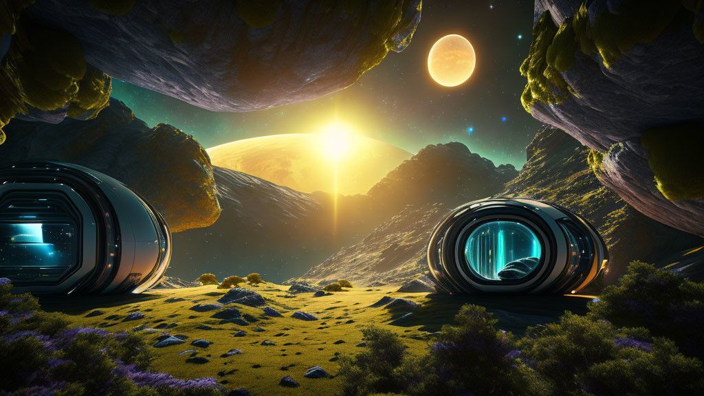 Sci-fi landscape with floating rocks, portals, sun, planets, starry sky