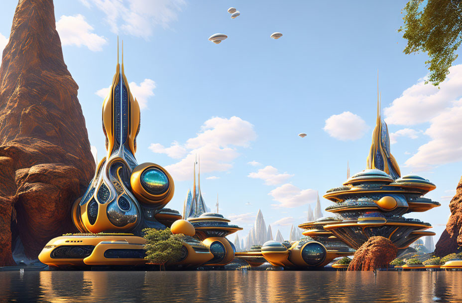 Futuristic cityscape with organic-shaped buildings near water and flying vehicles under clear sky.