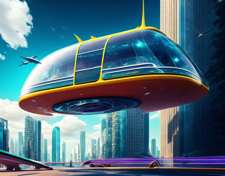 Futuristic yellow and blue flying car in modern cityscape