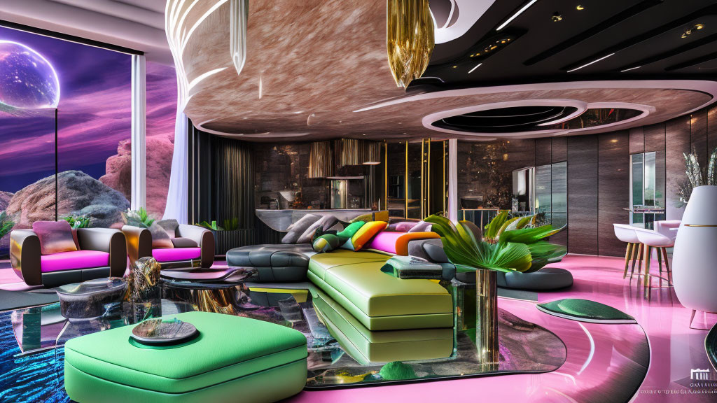 Modern living room with futuristic design and cosmic view