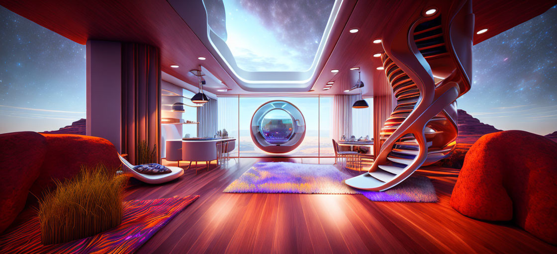 Futuristic interior with spiral staircase, round Mars view window, glowing lights, modern furniture