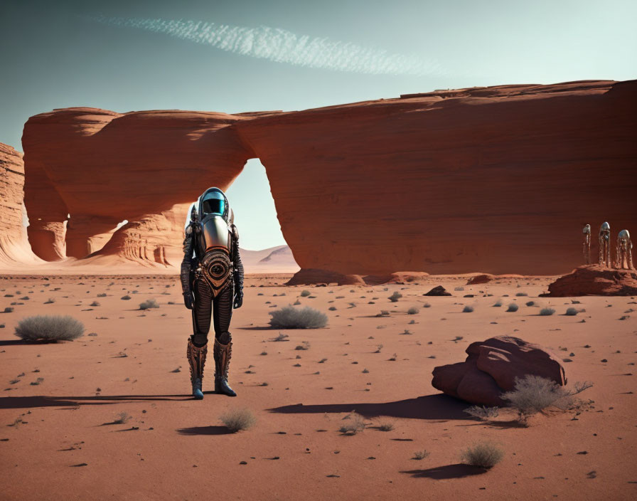 Astronaut on Red Sandy Terrain with Rock Arches and Group of Astronauts in Background