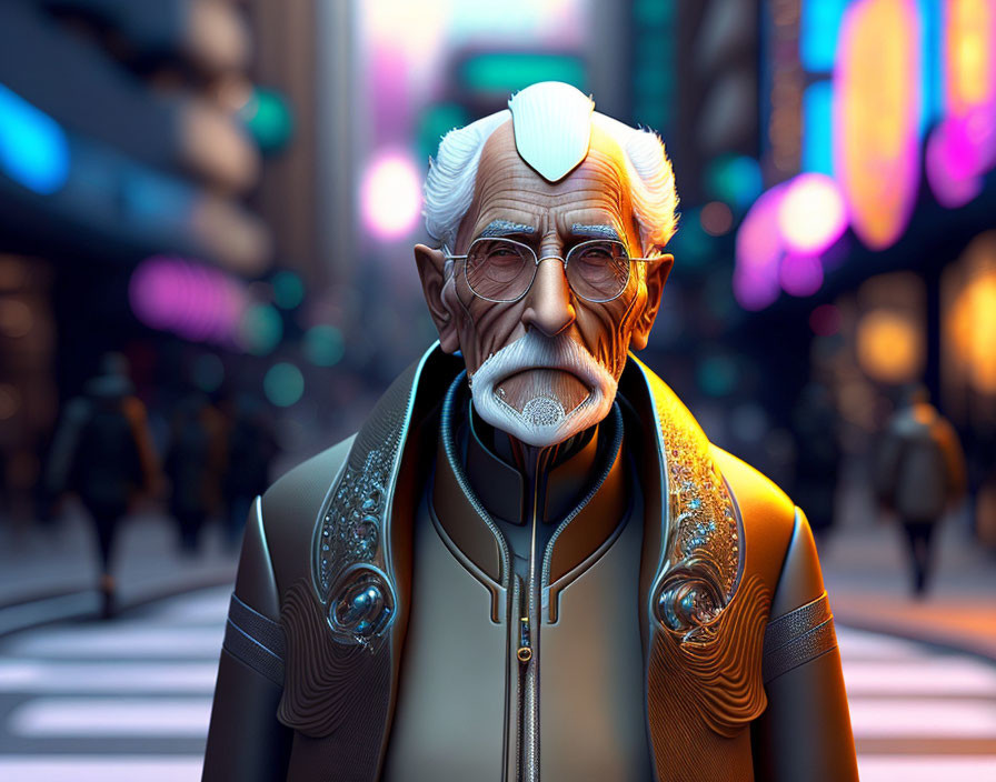 Elderly man in futuristic outfit with glasses against neon cityscape at twilight