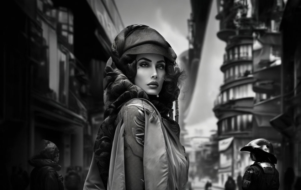 Monochrome image of stylish woman in vintage pilot outfit on bustling street.