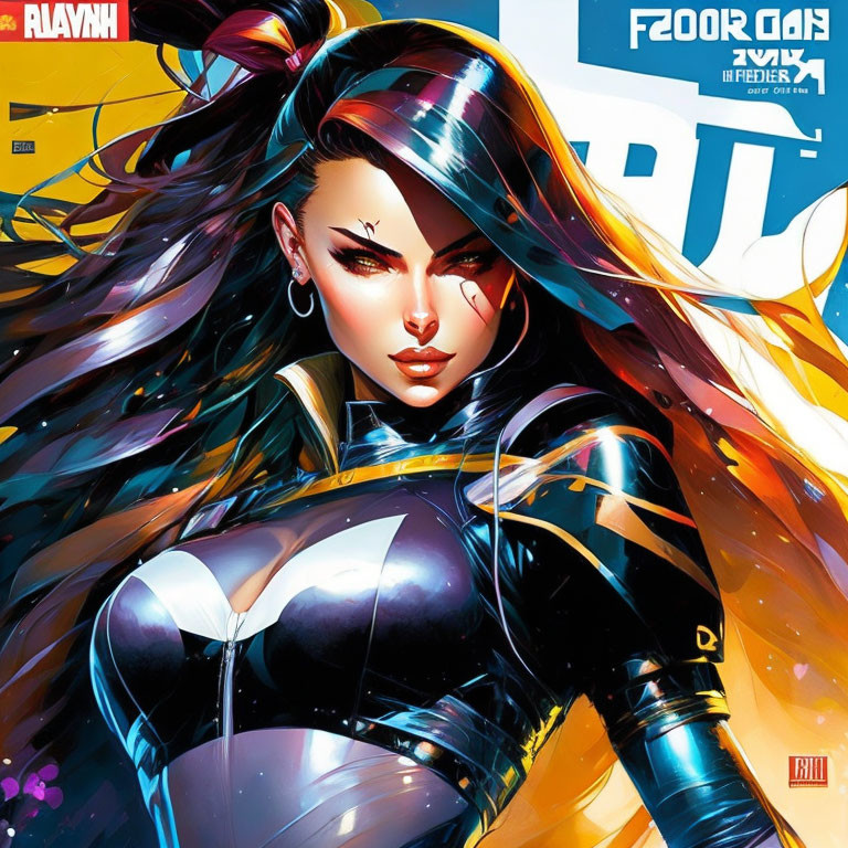 Female superhero with flowing hair in black and silver costume.