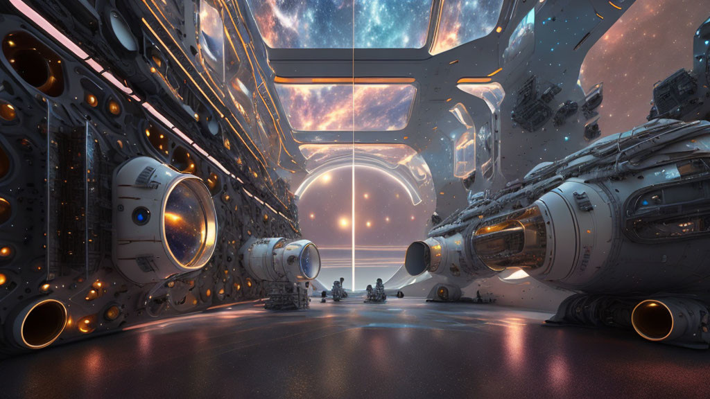 Futuristic spaceship interior with large windows and high-tech machinery.