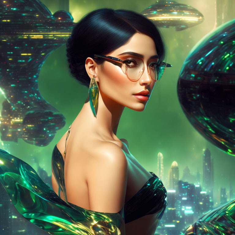 Futuristic digital artwork of woman with sleek hair and glasses