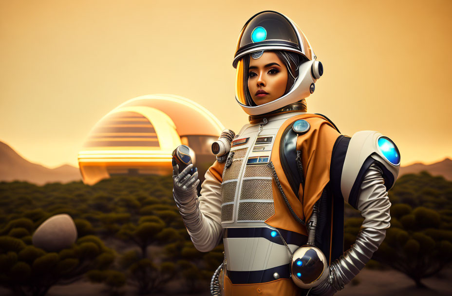 Futuristic astronaut woman in orange and white suit on alien planet