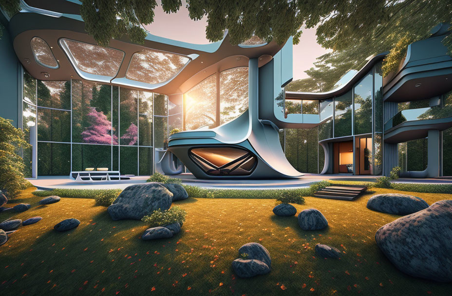 Organic Design Futuristic House with Manicured Garden at Sunset