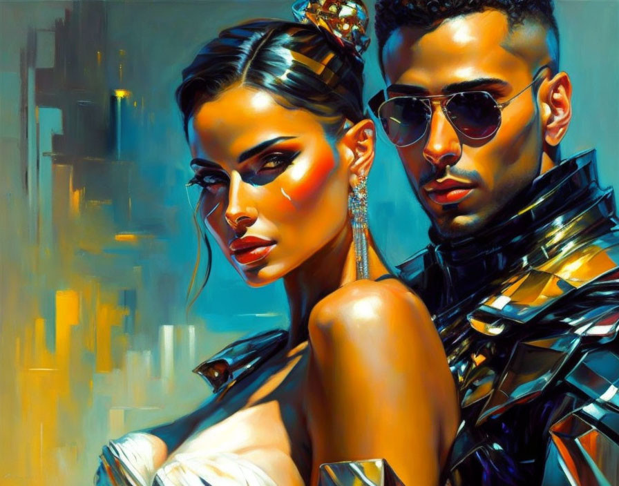 Futuristic fashion painting of woman and man with striking makeup and sunglasses