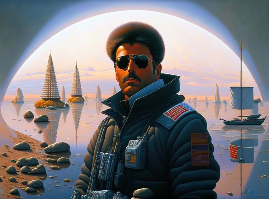 Futuristic person in uniform with sunglasses in front of serene landscape