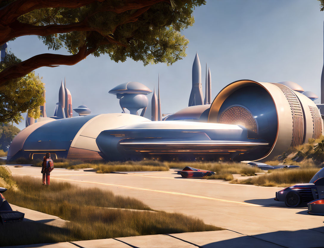 Futuristic cityscape with sleek buildings, person in red suit, advanced vehicles, and clear sky