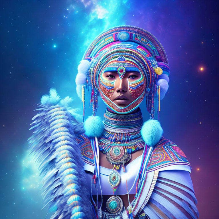 Woman with Tribal Makeup and Headdress in Cosmic Setting